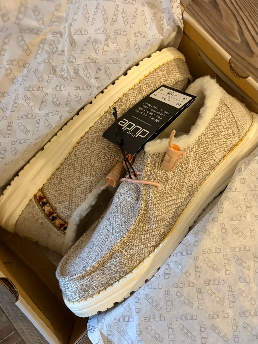 Hey Dude Slip-On Sneakers with Faux Shearling Lining in Beige and White